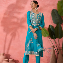 Embroidered Straight Kurta & Palazzo With Bag