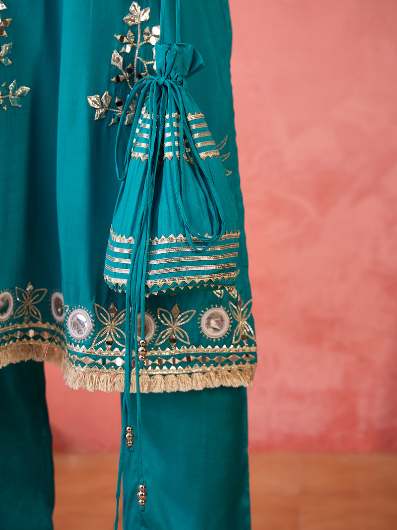 Embroidered Straight Kurta & Palazzo With Bag