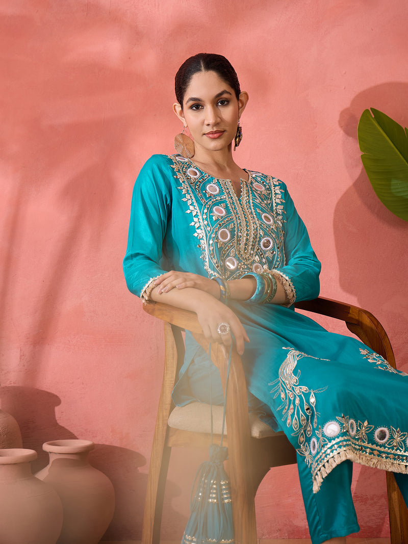 Embroidered Straight Kurta & Palazzo With Bag