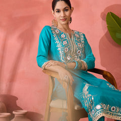 Embroidered Straight Kurta & Palazzo With Bag