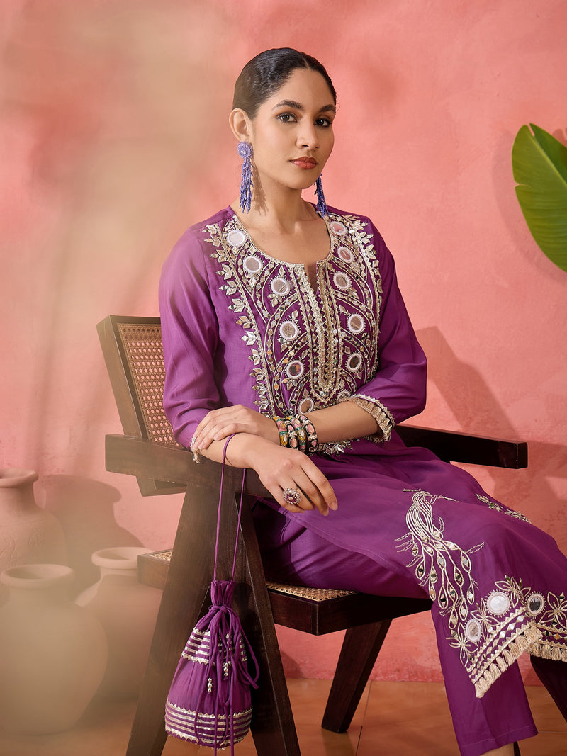 Embroidered Straight Kurta & Trousers With Bag