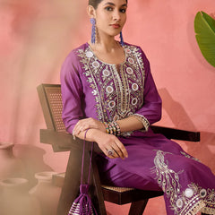 Embroidered Straight Kurta, Trousers With Bag