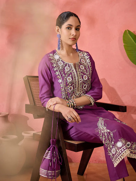 Embroidered Straight Kurta, Trousers With Bag