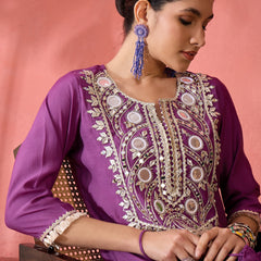 Embroidered Straight Kurta & Trousers With Bag