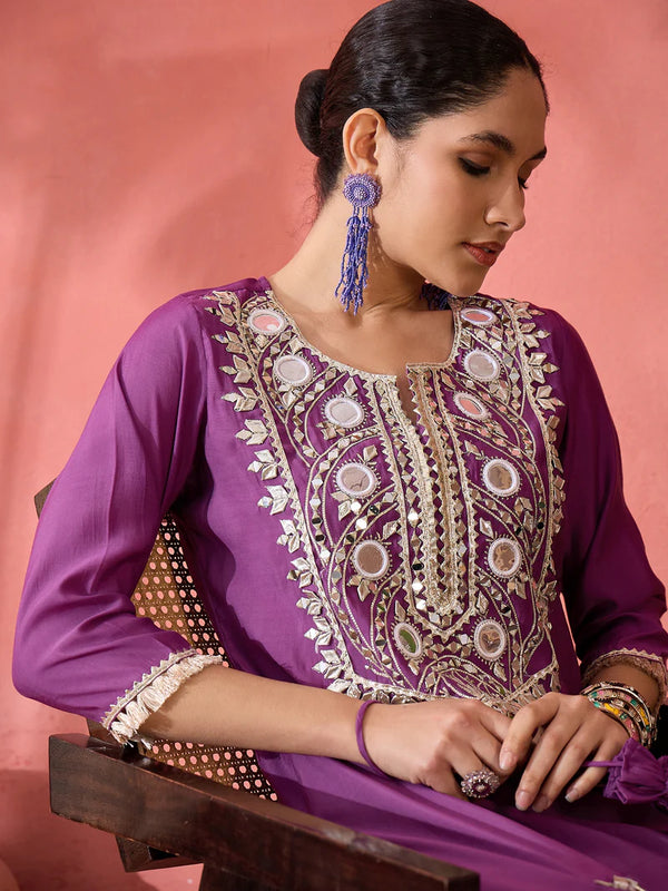 Embroidered Straight Kurta, Trousers With Bag