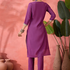 Embroidered Straight Kurta & Trousers With Bag