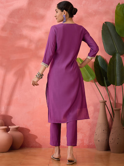 Embroidered Straight Kurta & Trousers With Bag