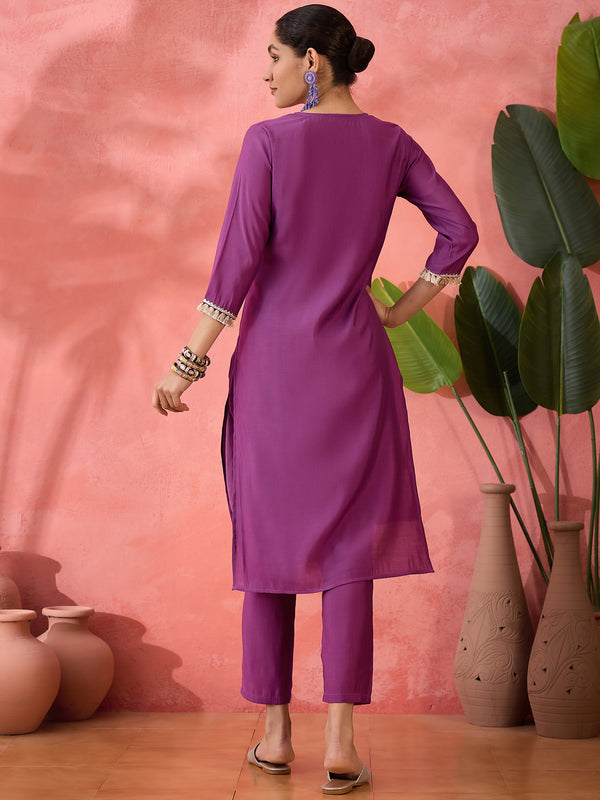 Embroidered Straight Kurta & Trousers With Bag