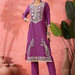 Embroidered Straight Kurta & Trousers With Bag