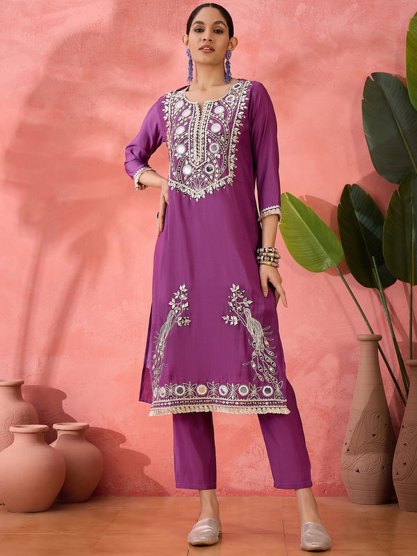Embroidered Straight Kurta & Trousers With Bag