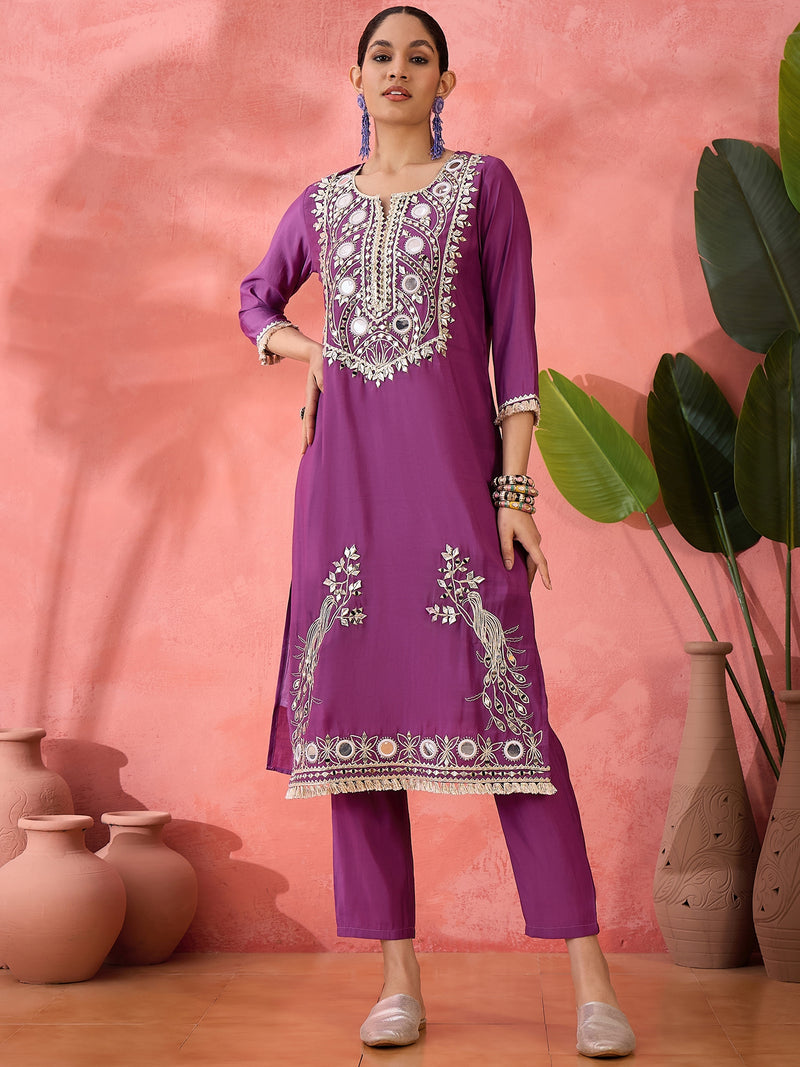 Embroidered Straight Kurta & Trousers With Bag