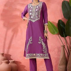 Embroidered Straight Kurta, Trousers With Bag