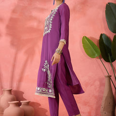 Embroidered Straight Kurta & Trousers With Bag