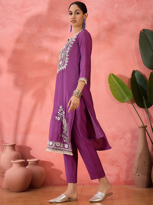 Embroidered Straight Kurta & Trousers With Bag