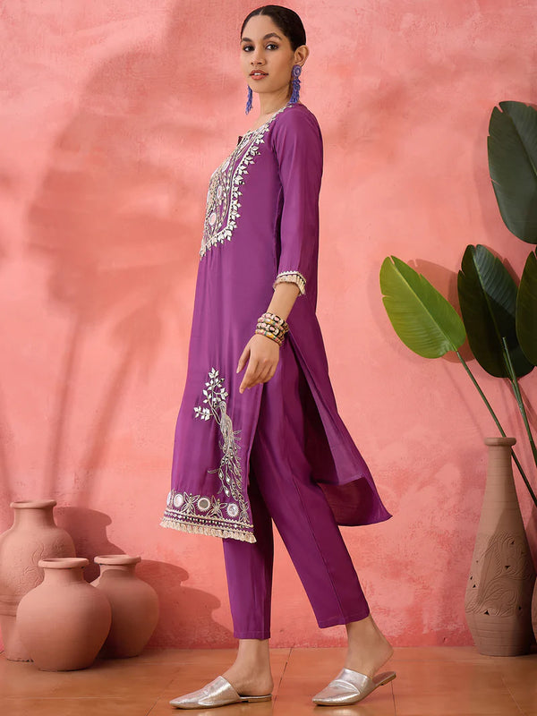 Embroidered Straight Kurta, Trousers With Bag