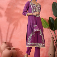 Embroidered Straight Kurta & Trousers With Bag