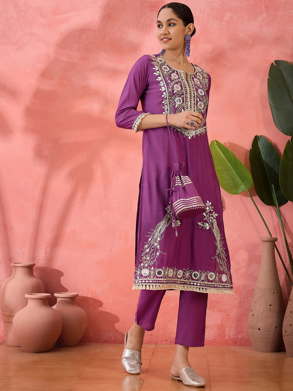 Embroidered Straight Kurta & Trousers With Bag