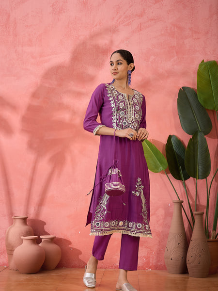 Embroidered Straight Kurta & Trousers With Bag