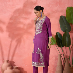 Embroidered Straight Kurta & Trousers With Bag