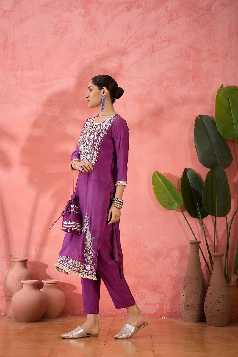 Embroidered Straight Kurta & Trousers With Bag