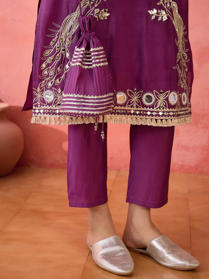 Embroidered Straight Kurta, Trousers With Bag