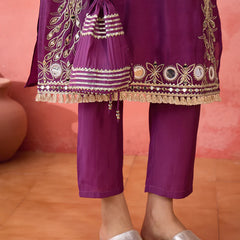 Embroidered Straight Kurta, Trousers With Bag