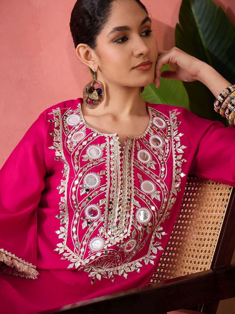 Embroidered Straight Kurta, Trousers With Bag