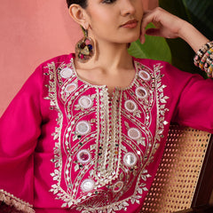 Embroidered Straight Kurta, Trousers With Bag