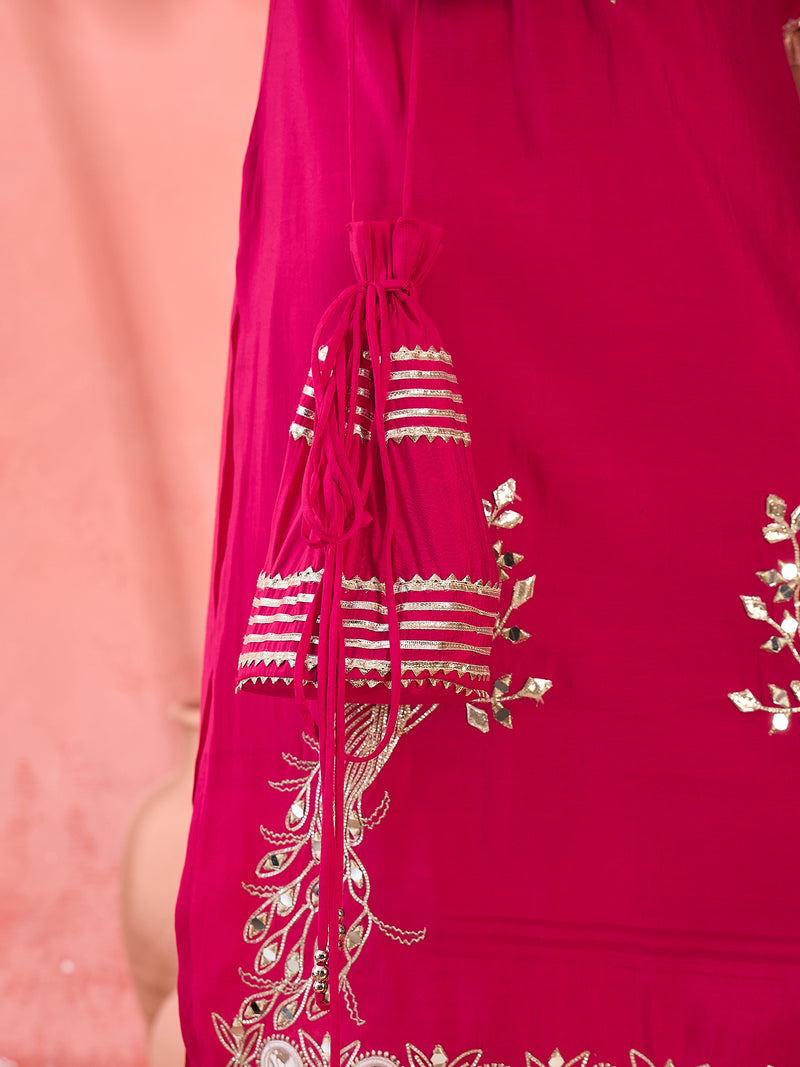 Embroidered Straight Kurta, Trousers With Bag