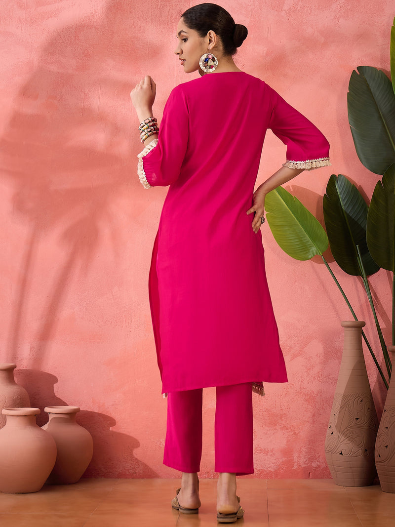 Embroidered Straight Kurta, Trousers With Bag