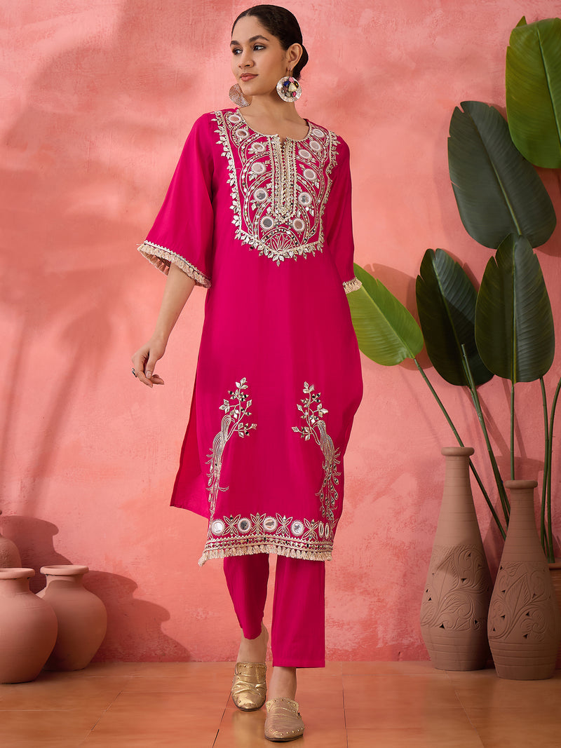 Embroidered Straight Kurta, Trousers With Bag