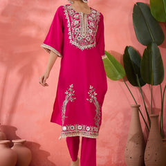 Embroidered Straight Kurta, Trousers With Bag