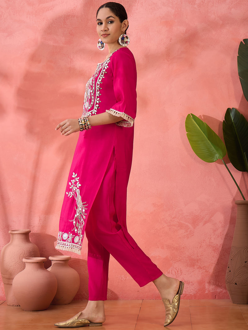 Embroidered Straight Kurta, Trousers With Bag