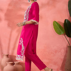 Embroidered Straight Kurta, Trousers With Bag