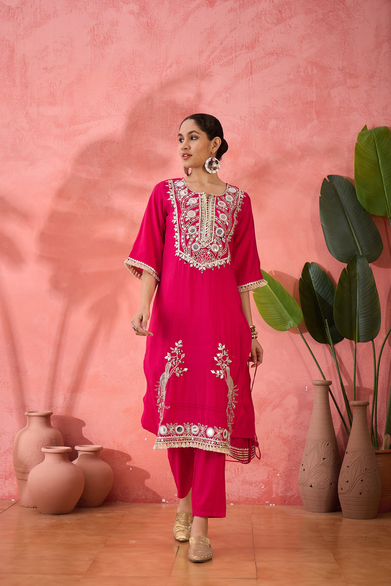 Embroidered Straight Kurta, Trousers With Bag