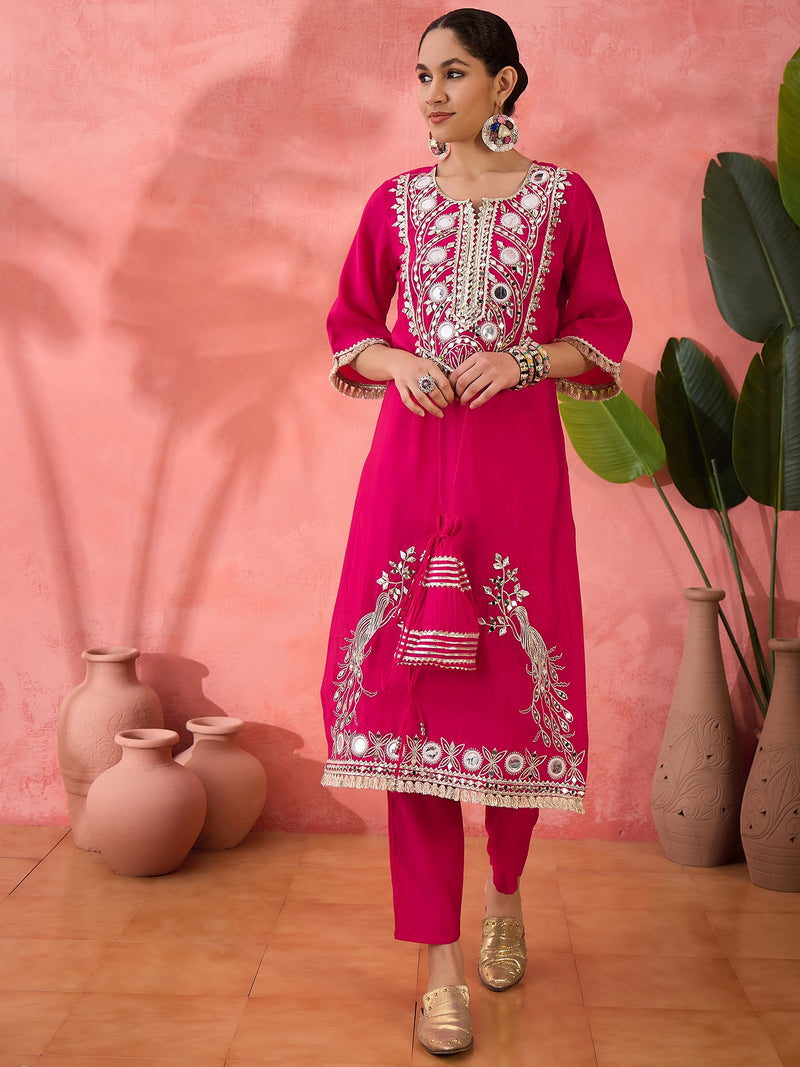 Embroidered Straight Kurta, Trousers With Bag