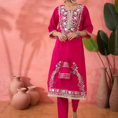Embroidered Straight Kurta, Trousers With Bag