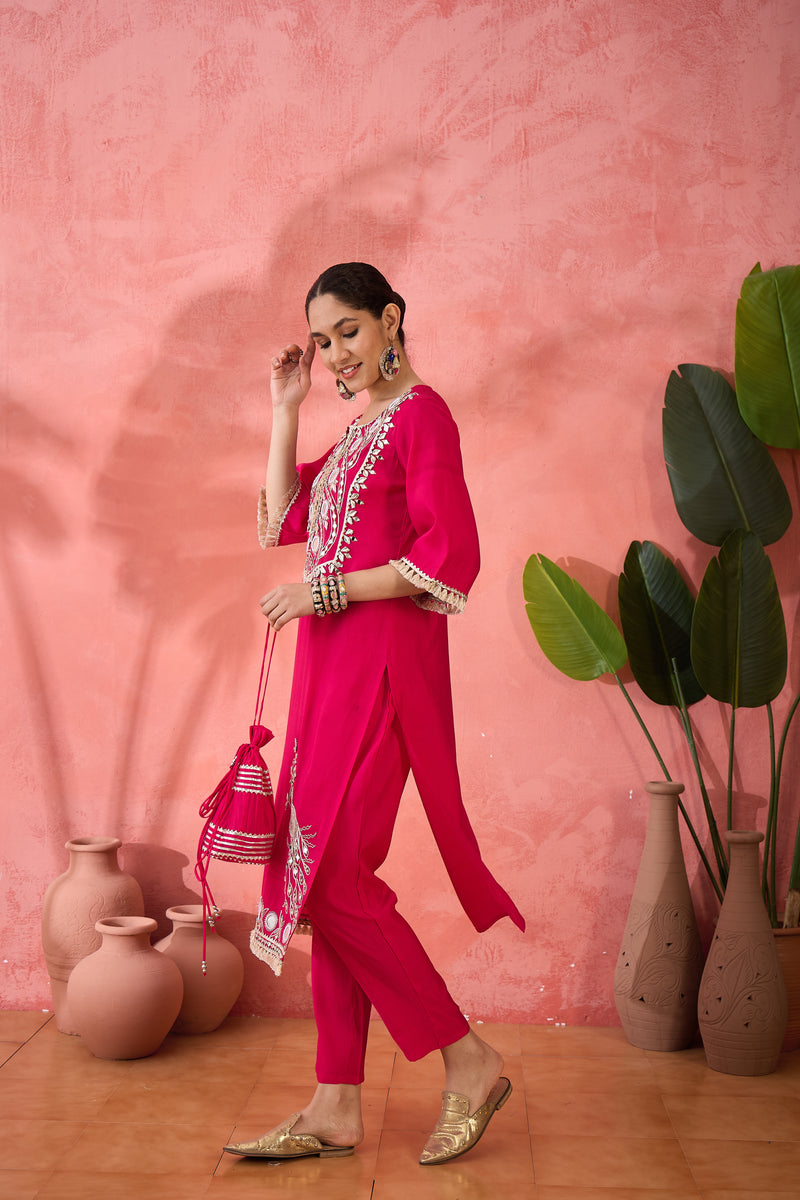 Embroidered Straight Kurta, Trousers With Bag