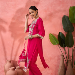 Embroidered Straight Kurta, Trousers With Bag