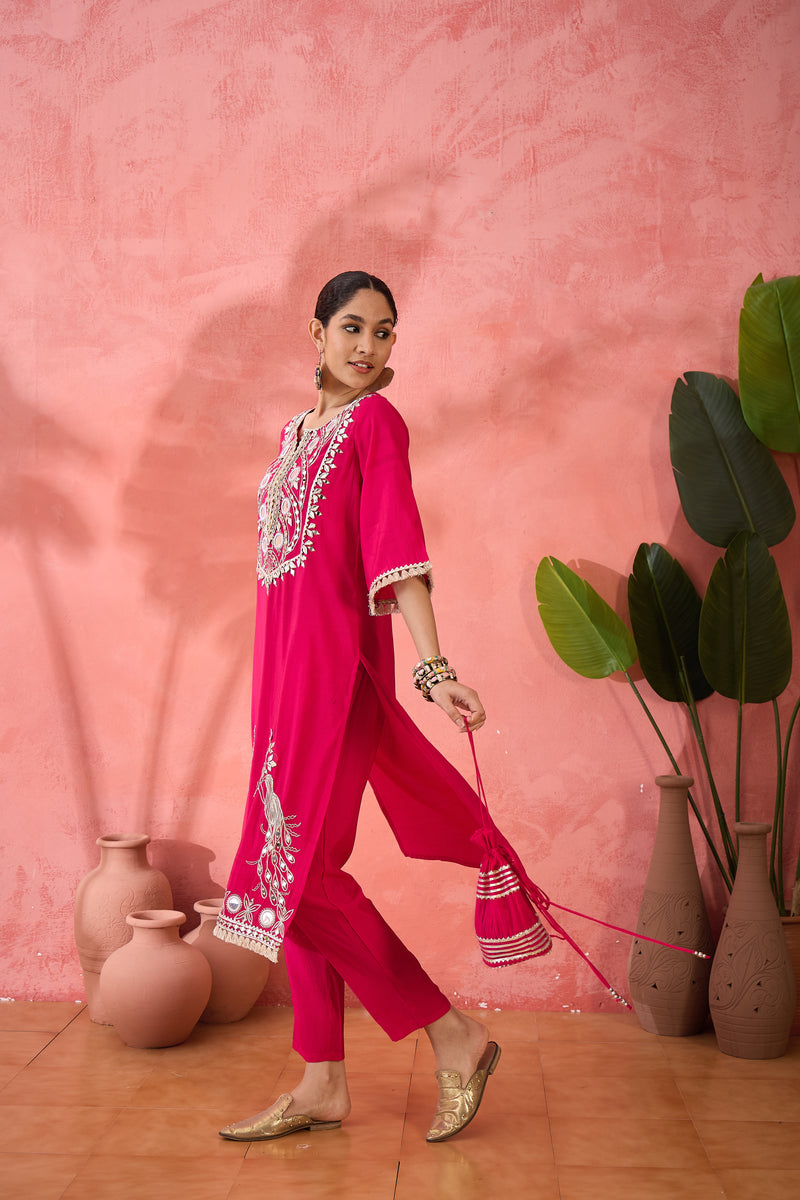Embroidered Straight Kurta, Trousers With Bag