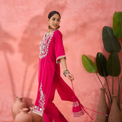 Embroidered Straight Kurta, Trousers With Bag