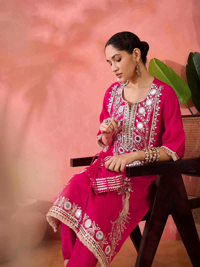 Embroidered Straight Kurta, Trousers With Bag