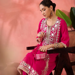 Embroidered Straight Kurta, Trousers With Bag