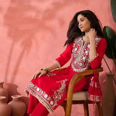 Embroidered Straight Kurta & Palazzo With Bag