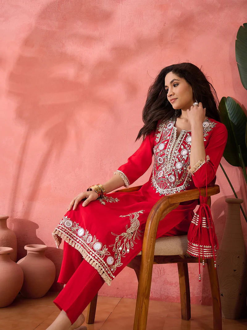 Embroidered Straight Kurta, Trousers With Bag
