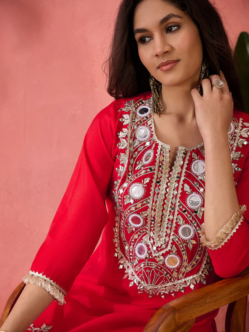 Embroidered Straight Kurta, Trousers With Bag