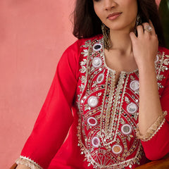 Embroidered Straight Kurta, Trousers With Bag