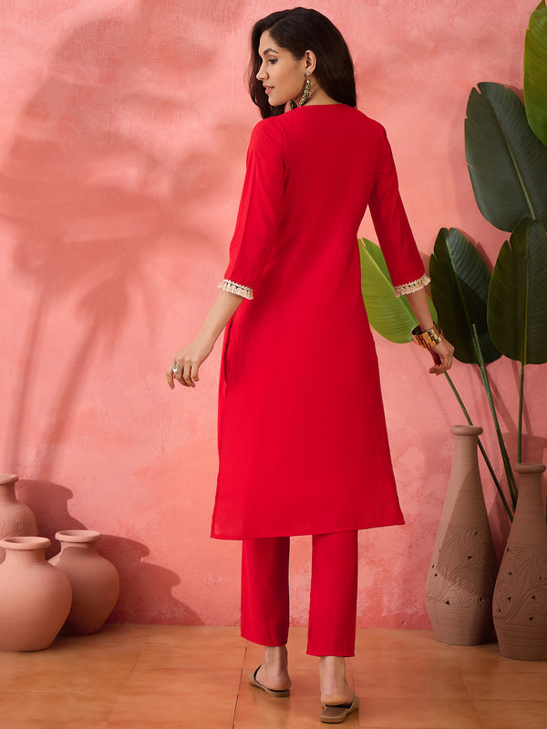 Embroidered Straight Kurta & Palazzo With Bag