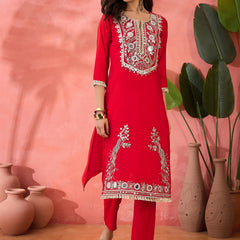 Embroidered Straight Kurta & Palazzo With Bag