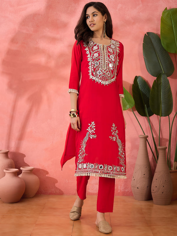 Embroidered Straight Kurta & Palazzo With Bag